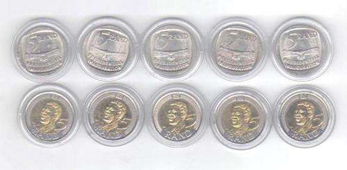 5 X 1994 MANDELA INAUGURATION AND 5 X 90TH BIRTHDAY R5 COINS