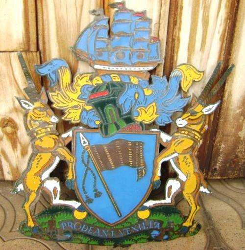 VINTAGE BRASS ENAMELED STANDARD BANK OF SOUTH AFRICA COAT OF ARMS