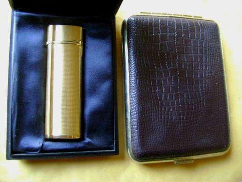 VINTAGE RUSLITE LIGHTER AND METAL CIGARETTE BOX