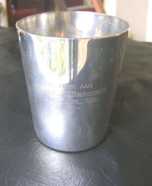 PRESENTATION MUG SILVER ON COPPER TO S/SERS. J C BROODRYK 1967