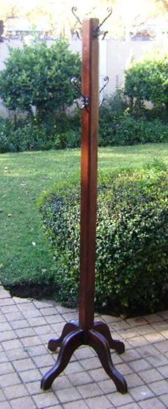 VINTAGE EMBUIA COAT AND HAT STAND, CAST IRON HOOKS