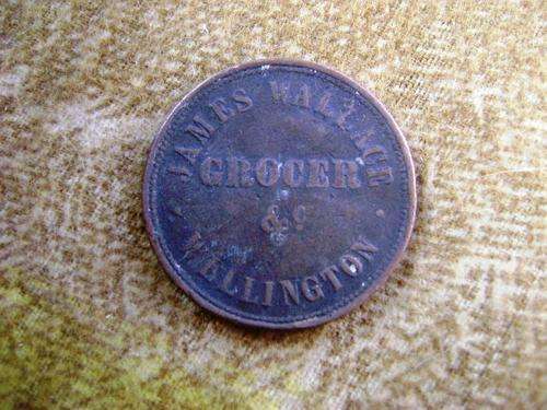 RARE 1859 JAMES WALLACE GROCER WELLINGTON  ONE PENNY TOKEN