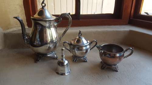 VINTAGE WELL USED EMESS SILVER ON COPPER TEA SET