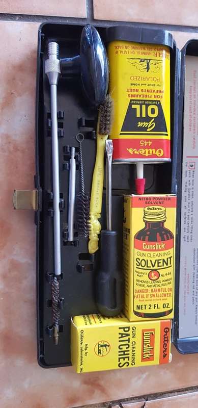 VINTAGE 22 PISTOL CLEANING KIT, CONTAINERS FULL