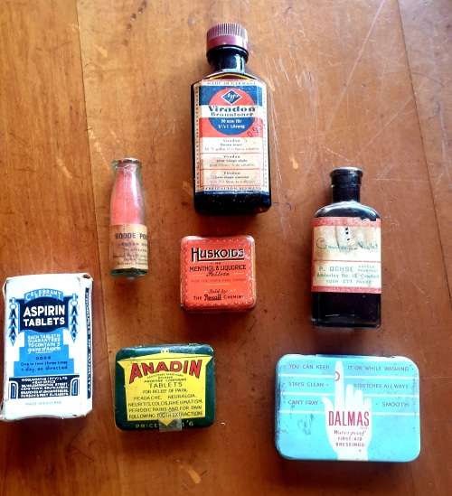 VINTAGE MEDICINE BOTTLES AND TINS WITH CONTENTS