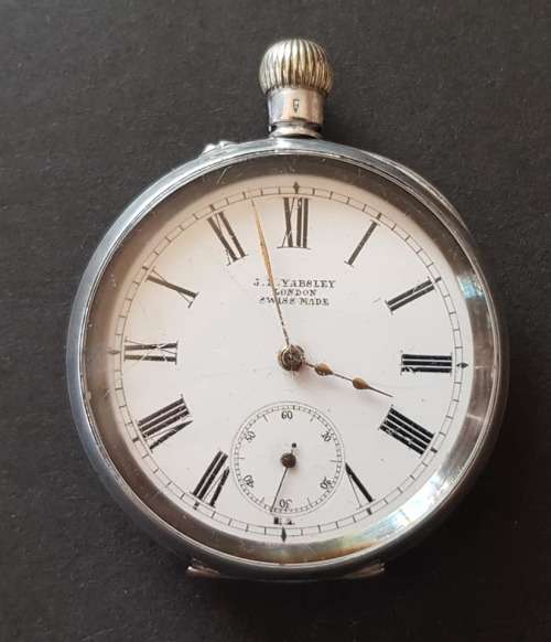 CIRCA 1890 JB YABSLEY SWISS 935 SILVER POCKET WATCH, GOLD HANDS , RUNNING CONDITION.103 GRAM