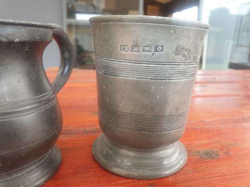 RARE VICTORIAN PEWTER GILL MEASURING CUP AND SPECIAL HALLMARKED CUP