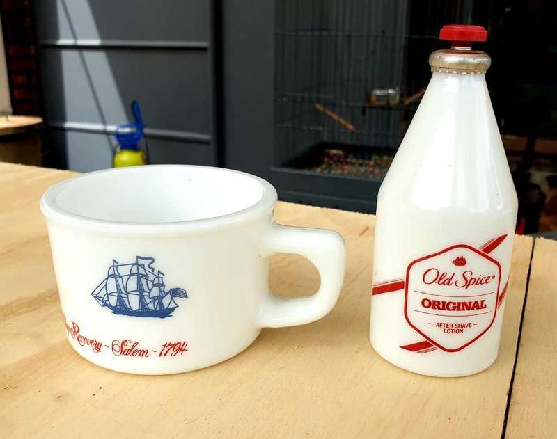 VINTAGE OLD SPICE SHAVING CUP AND OLD SPICE COLOGNE WITH CONTENTS