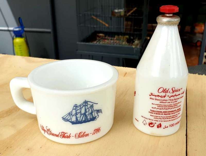 VINTAGE OLD SPICE SHAVING CUP AND OLD SPICE COLOGNE WITH CONTENTS