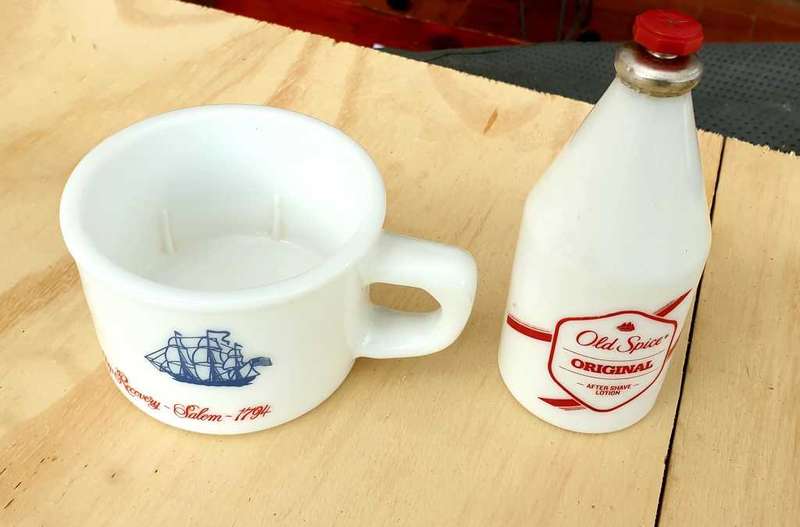 VINTAGE OLD SPICE SHAVING CUP AND OLD SPICE COLOGNE WITH CONTENTS