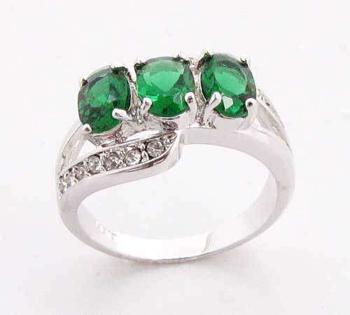 l Emerald 3 Stone 14k GP White Gold Ring Sz 8 TOUCH OF CLASS!!!!!!!!!