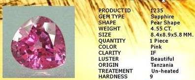 HOT Pink Sapphire 4.55 ct . Pear Shape Tanzania