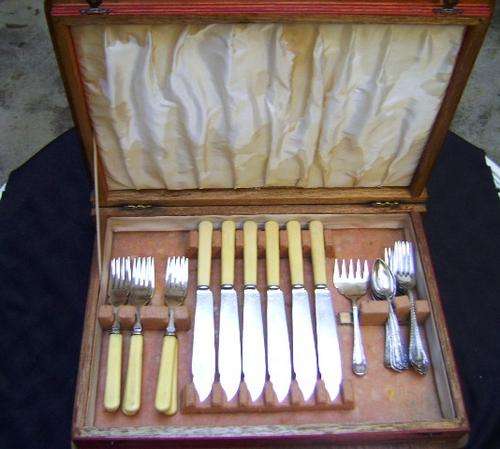 SET OF BONE HANDLE KNIVES AND FORKS WITH EXTRAS IN CASE