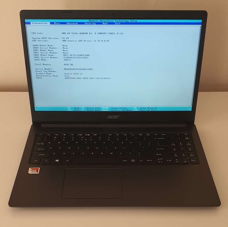Acer Aspire 3 A315-22, AMD A4-9120e Radeon R3 @1.5GHz, 4GB RAM, 256GB NVMe SSD, FHD,Windows 10 x64