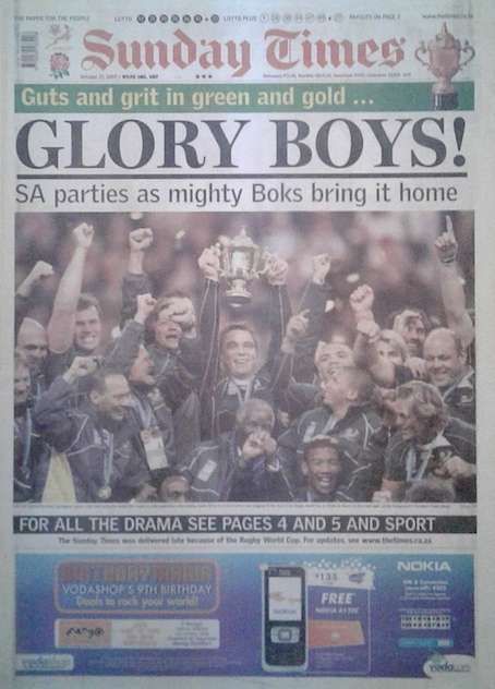 2007 Springboks Rugby World Champions Newspaper Front Page