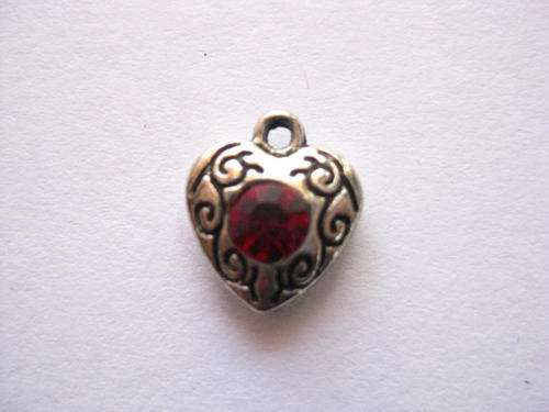 ~SALE~Red rhinestone heart charm, antique sulver, 10x9mm, 1pc