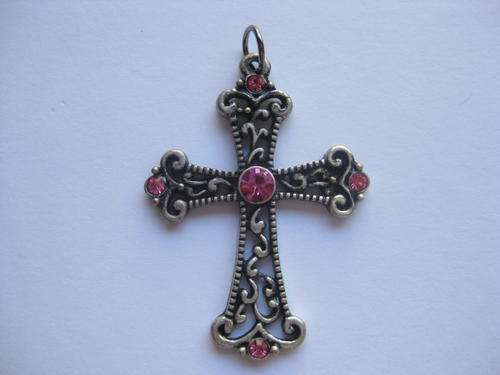 ~SALE~Cross pendant, antique silver set with pink rhinestone, 44x32mm