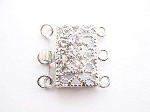 Rhinestone clasp, 3-strand, silver tone, 17mm, 1pc