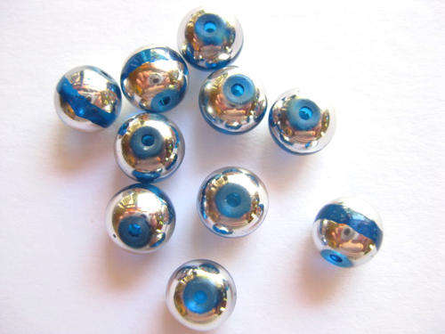 Round glass beads, blue and silver, 8mm, 10pcs