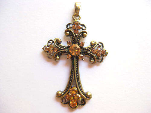~SALE~Cross pendant with topaz rhinestones, bronze, 50x75mm