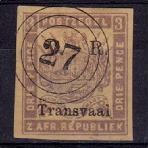 Transvaal  1877  3d  V.R. O/print  fine used  SACC 119c