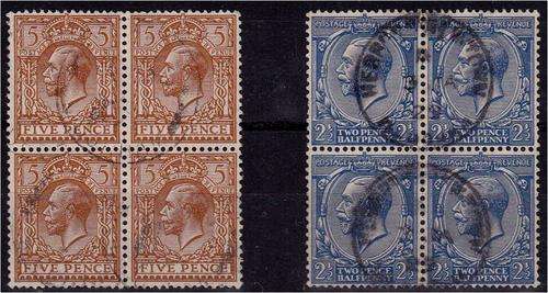 GB KG V 2 1/2d & 5d fine used Blocks x 4 SG 422 & 425