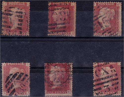 GB QV  6  x  1d reds  fine used Plates 79, 105, 107, 119, 129 & 186