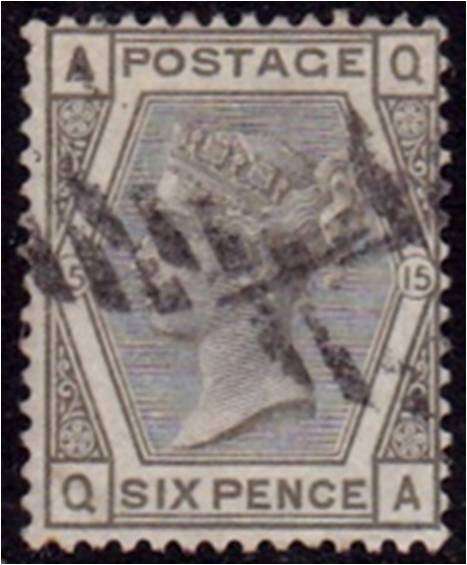 GB QV 6d Grey SG 147 Plate 15 fine used