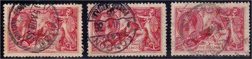 GB KG V 3 x 5/- Seahorses (2 x SG 451) - mixed - some small thins - SG 416 is fine used
