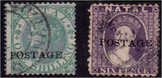 Natal  QV  2 x chalon heads O/Pr.  "POSTAGE"  SACC 82/83  fine used