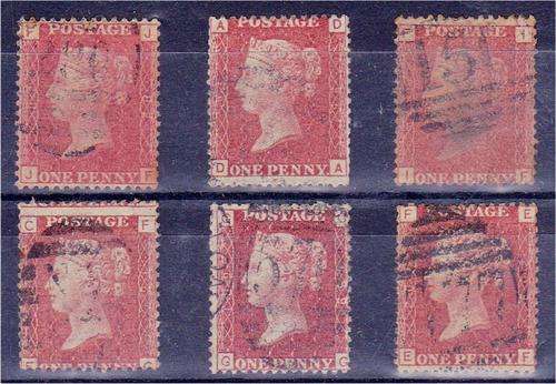 GB QV 6 x 1d reds Plates 82, 95, 130, 161, 189 & 209 good to fine used.