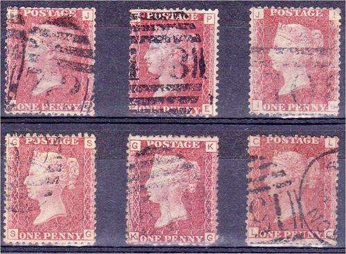 GB QV 6 x 1d reds Plates 108, 119, 136, 158, 183 & 214 good used