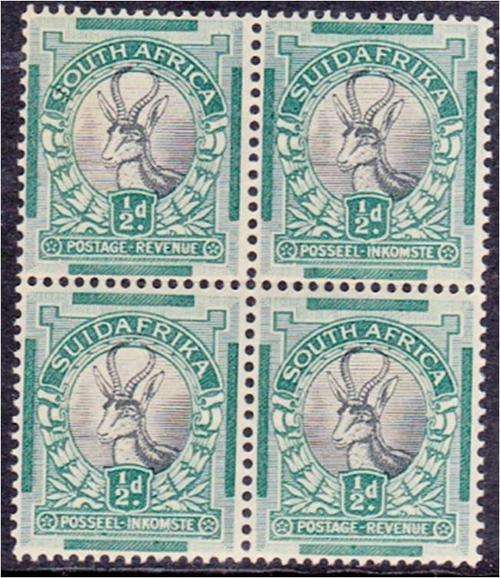 Union  1/2d  SACC 42i  Bl x 4  MNH  varieties "line thru S"  &  "misperfed"