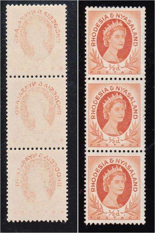 Rhodesia & Nyasaland QE II  1/2d coil strip of 3 MNH  variety - "Offset on gum"
