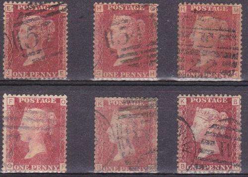 GB QV 6x 1d reds Plates 73, 87, 98, 108, 137 & 202 fine used
