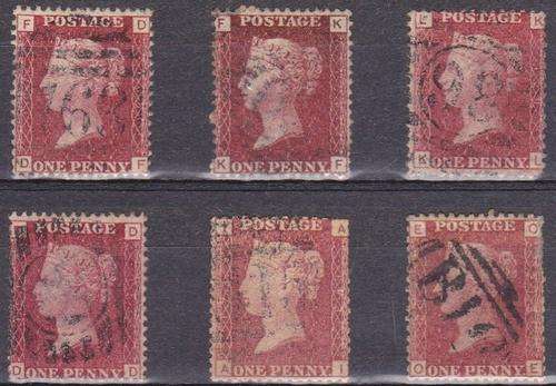 GB QV 6x 1d reds Plts 102, 108, 129, 151, 173 & 213 fine used