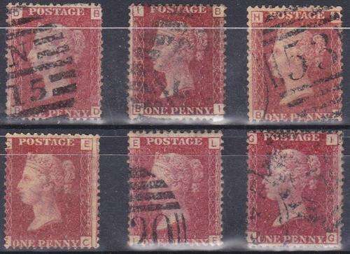 GB QV 6 x 1d reds  Plates  129, 134, 147, 162, 183 & 209 fine used