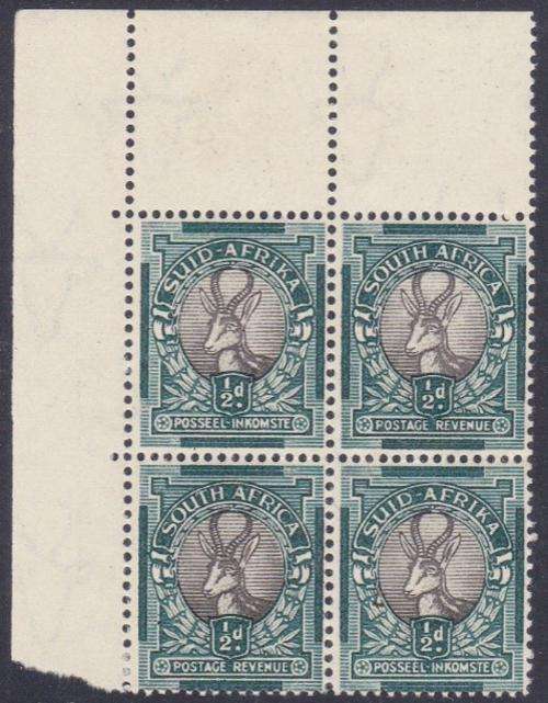 Union 1/2d  SACC 113a  Cnr Blx4 "Charcoal centres"  MNH