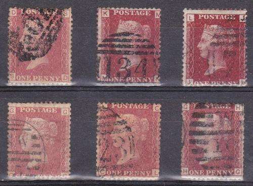 GB QV 6x 1d reds Plates 78, 96, 119, 156, 165 & 192 good used