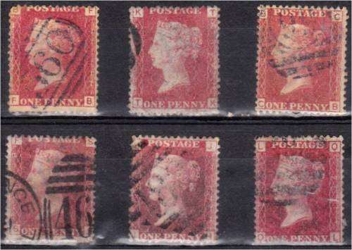 GB QV 6x 1d reds Plates 90, 179, 182, 187, 197 & 207 good used