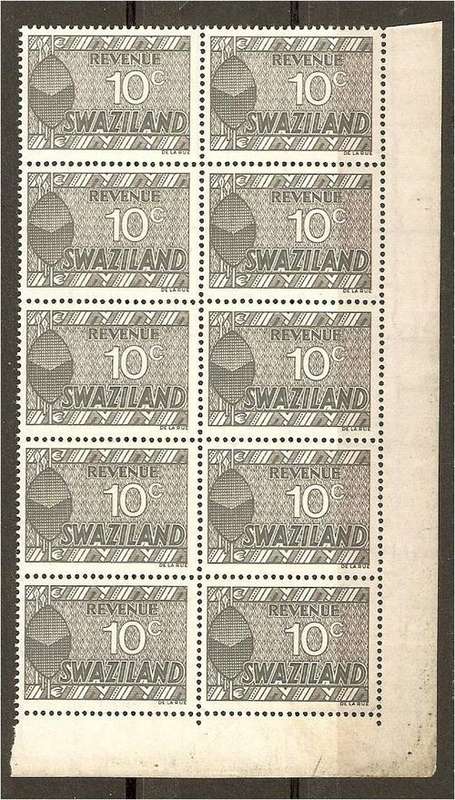 Swaziland  lovely corner block of 10 c revenues MNH