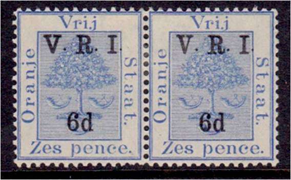 OFS  6d pair O/print on 6d Blue  LMM  SACC 75  variety thick "V"
