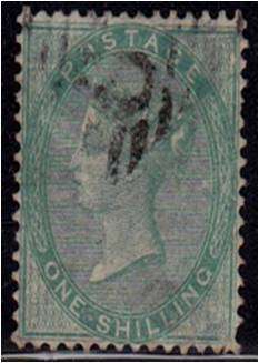 GB QV 1/- green SG 72 average used (one pulled perf)