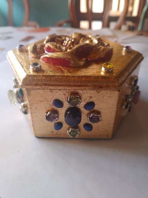 Luxury gilded, gem-encrusted trinket box - one-of-a-kind. Over 200 carats of gemstones.