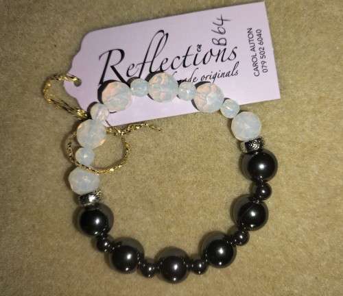 Large bead Yin/Yang Hematite and Opalite bracelet. B64