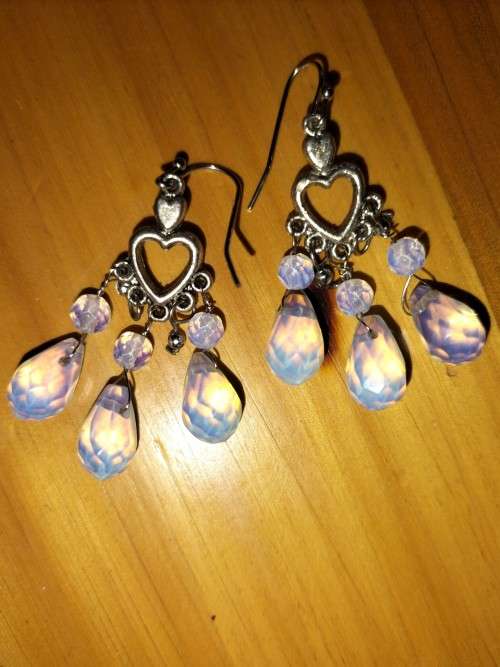 Triple Opalite drop earrings, st steel. E102