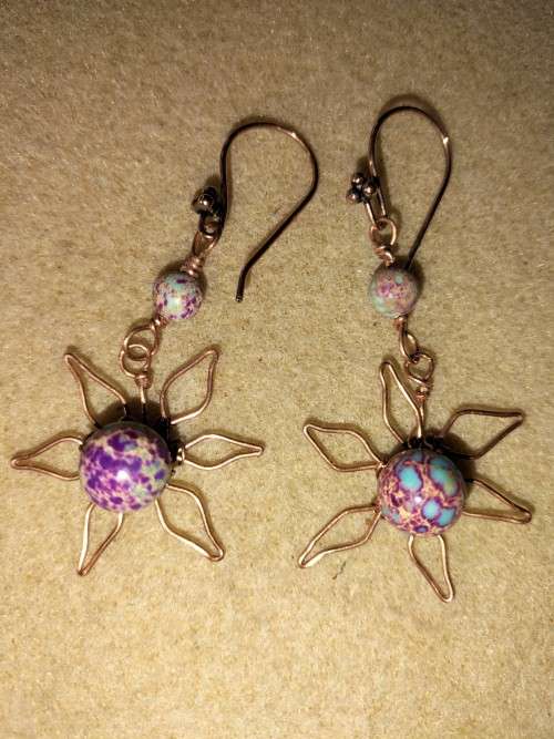 Copper wire wrap flower w Sediment Jasper earrings. E113