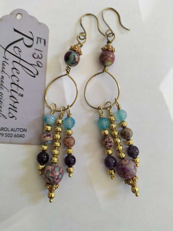 Brass gemstone beaded hoops. E139