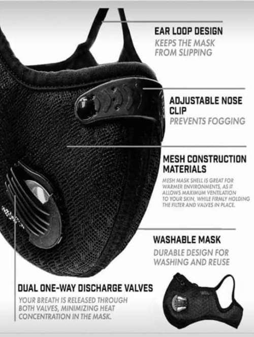 NEOPRENE DUAL VALVE SPORTS MASK WITH 2 FREE FILTERS