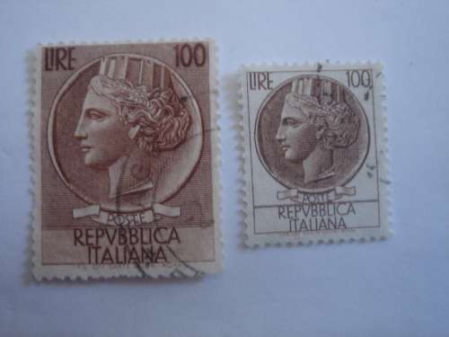 1953 (large) + 1968 (small) - Coin of Syracuse 100 Lire used, stamped